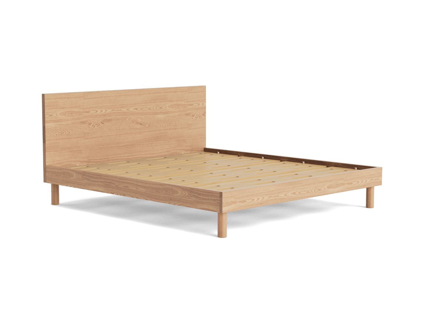 Light wood bed frame with a simple headboard and slatted base. Minimalist design, low profile, without a mattress. Perfect for modern bedrooms.