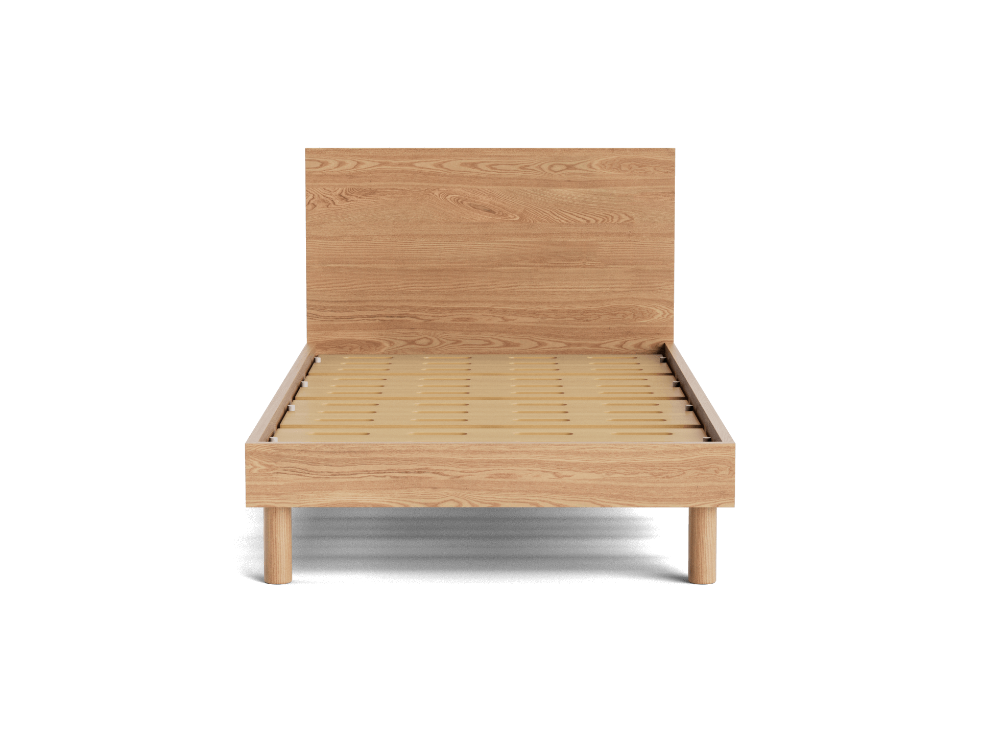 Wooden bed frame with slatted base and headboard. Light brown finish, minimalist design. Perfect for modern bedroom décor.