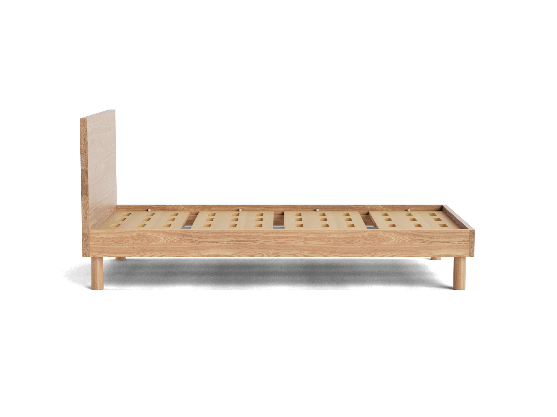 Wooden single bed frame with slatted base and headboard, in light brown finish. Simple and modern design.