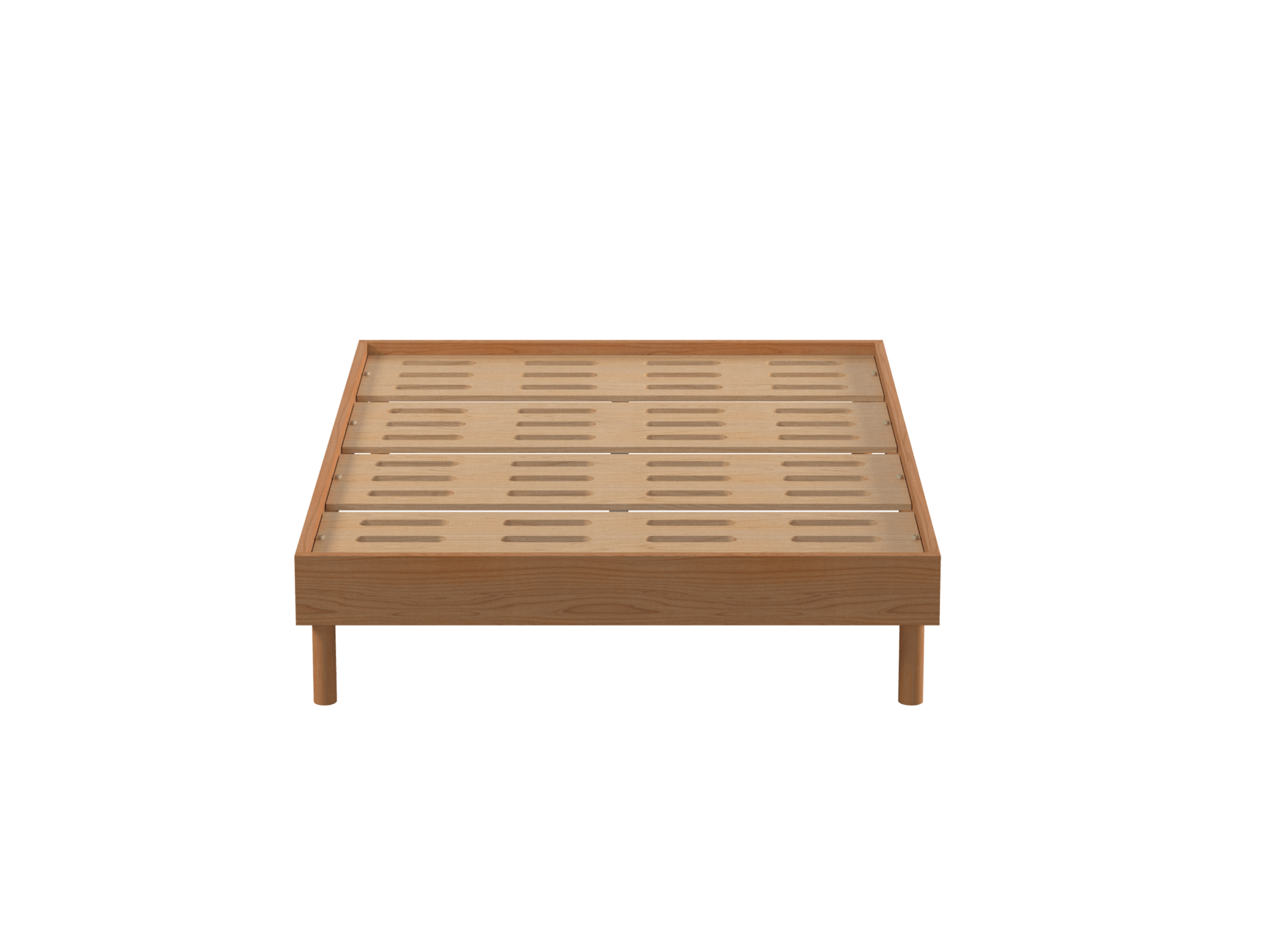 Wooden bed frame with slatted base, natural finish, platform design, supported by four sturdy legs. Ideal for minimalist bedroom decor.
