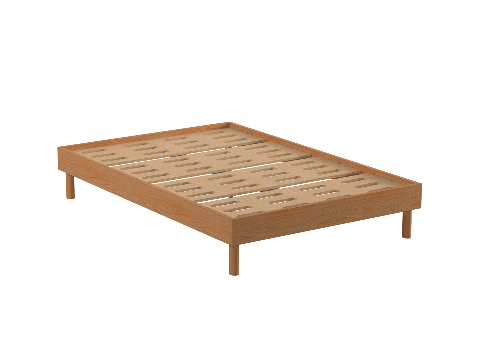 Wooden bed frame with slatted base and short legs. Simple, minimalist design in light brown wood. Suitable for modern bedroom decor.