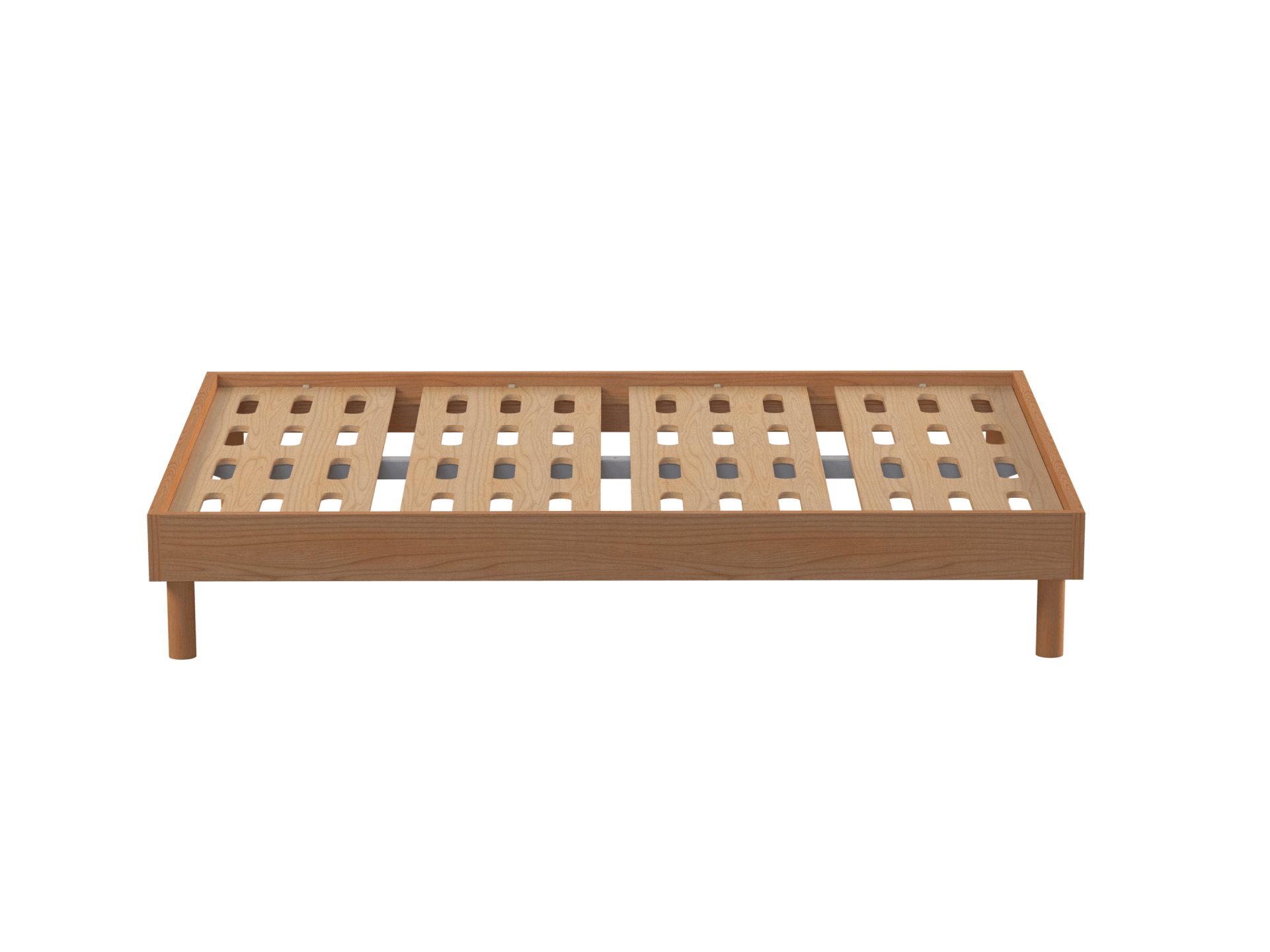 Wooden bed frame with a slatted base and short legs, featuring spaced rectangular cutouts. Natural wood finish, minimalist design.