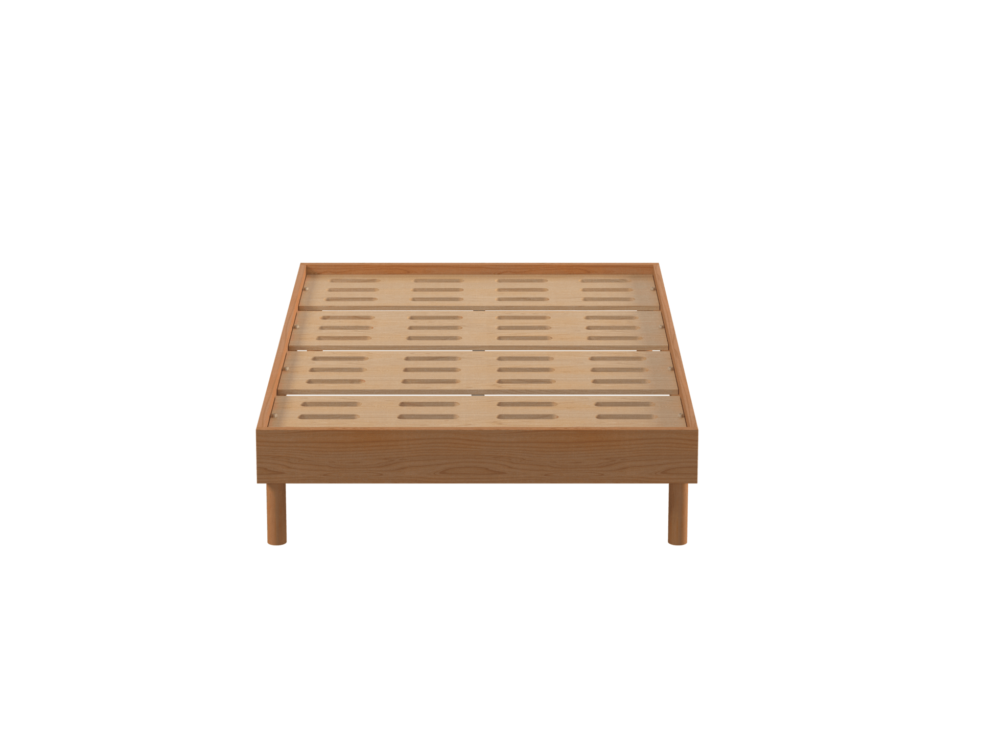 Light brown wooden bed frame with slatted base. Simple design and elevated on four legs. Ideal for modern bedroom decor.
