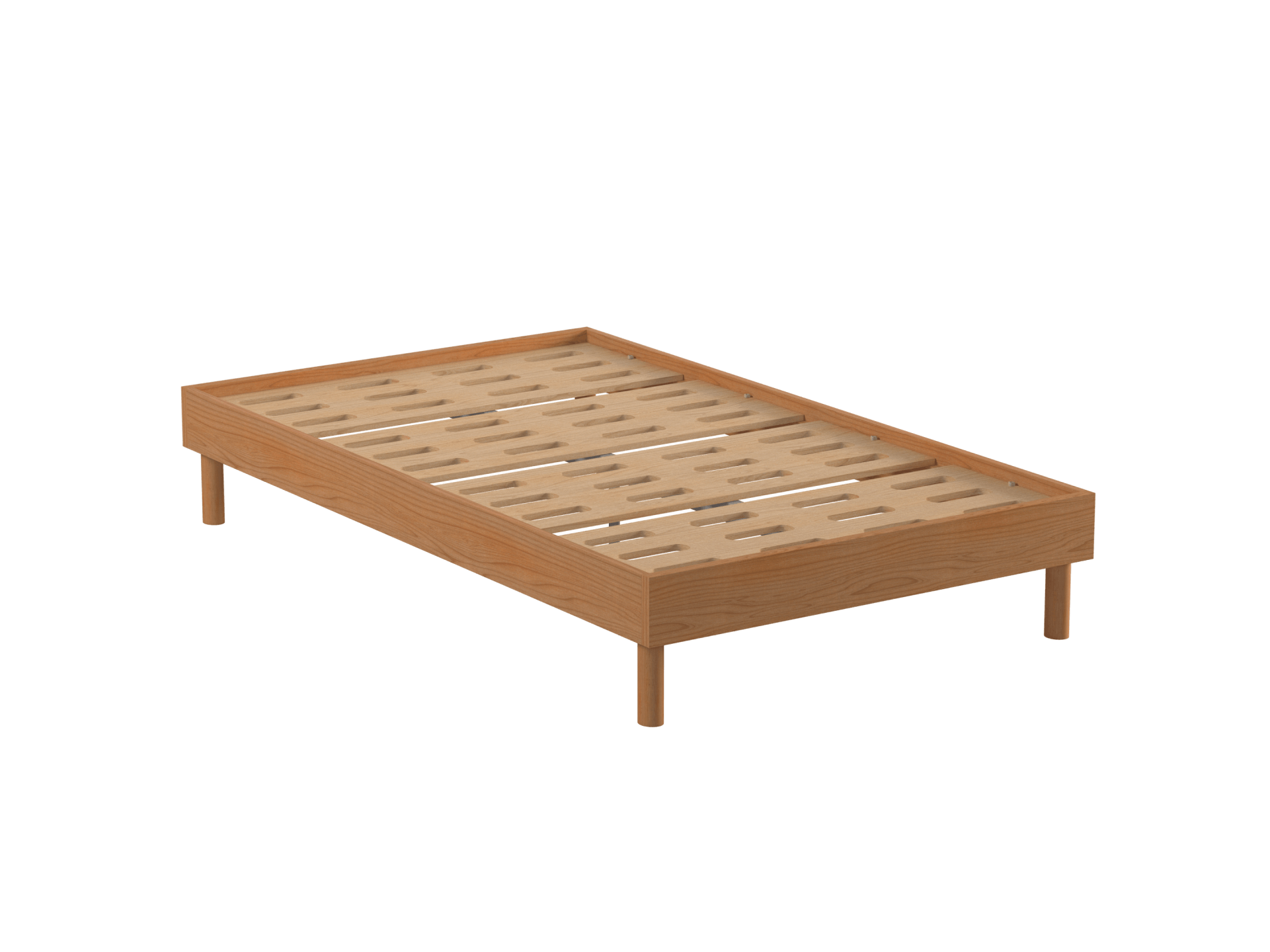Natural wood bed frame with slatted base and sturdy legs, ideal for minimalist bedroom furniture.
