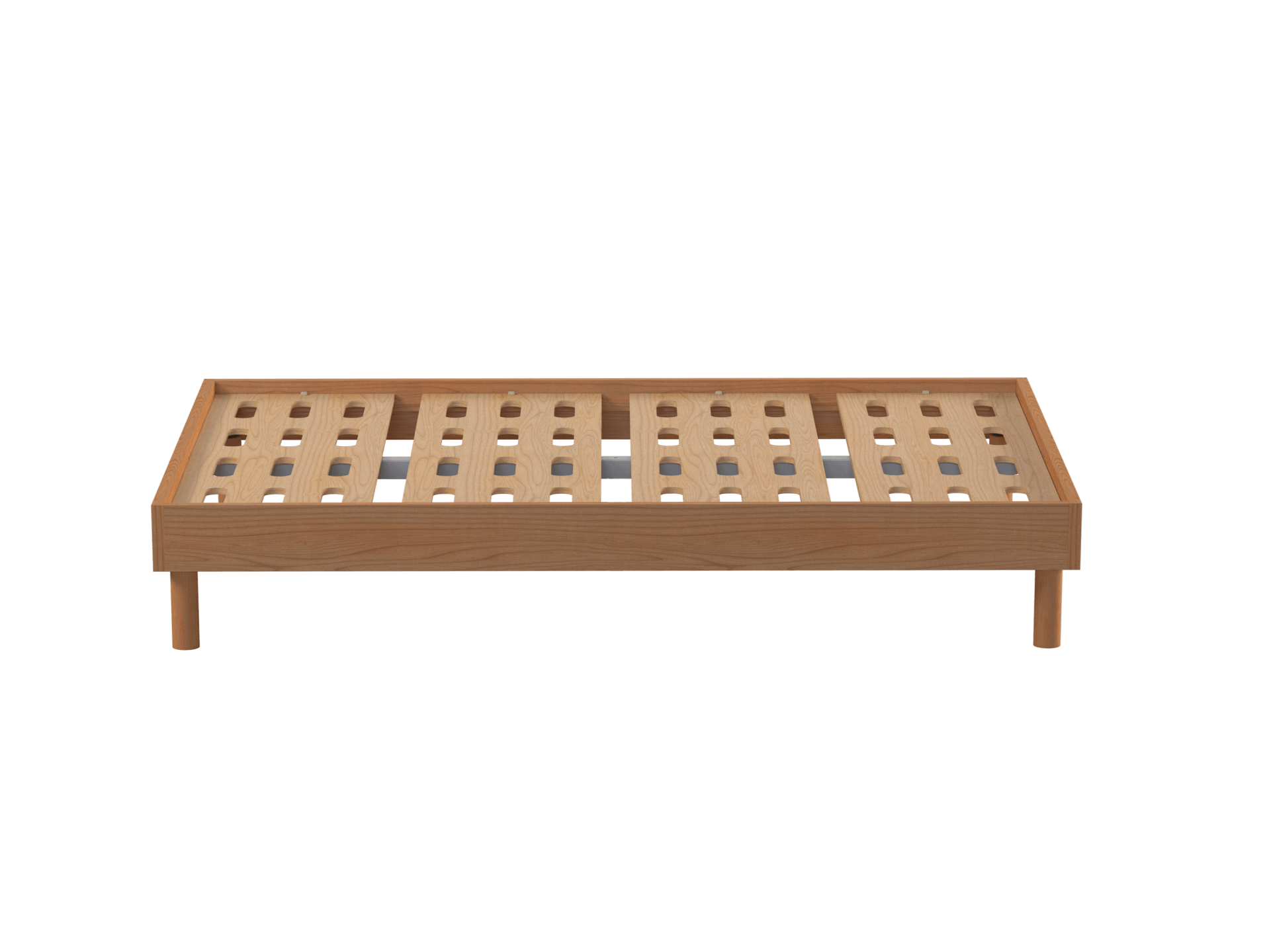 Wooden bed base with slatted design, featuring evenly spaced rectangular cutouts. Simple, minimalist style with four sturdy legs.