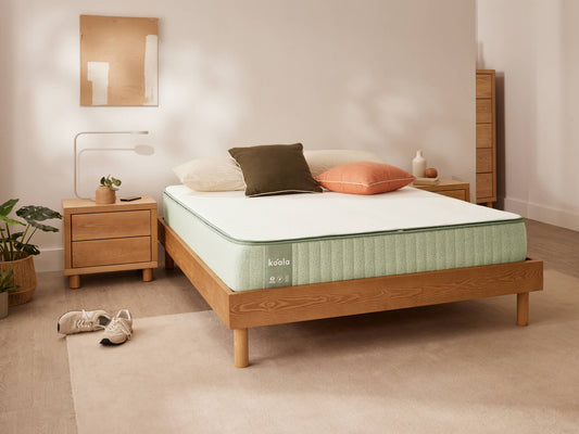 A bedroom with a wooden bed frame, light green mattress, assorted pillows, wooden side tables, indoor plant, and a neutral rug.