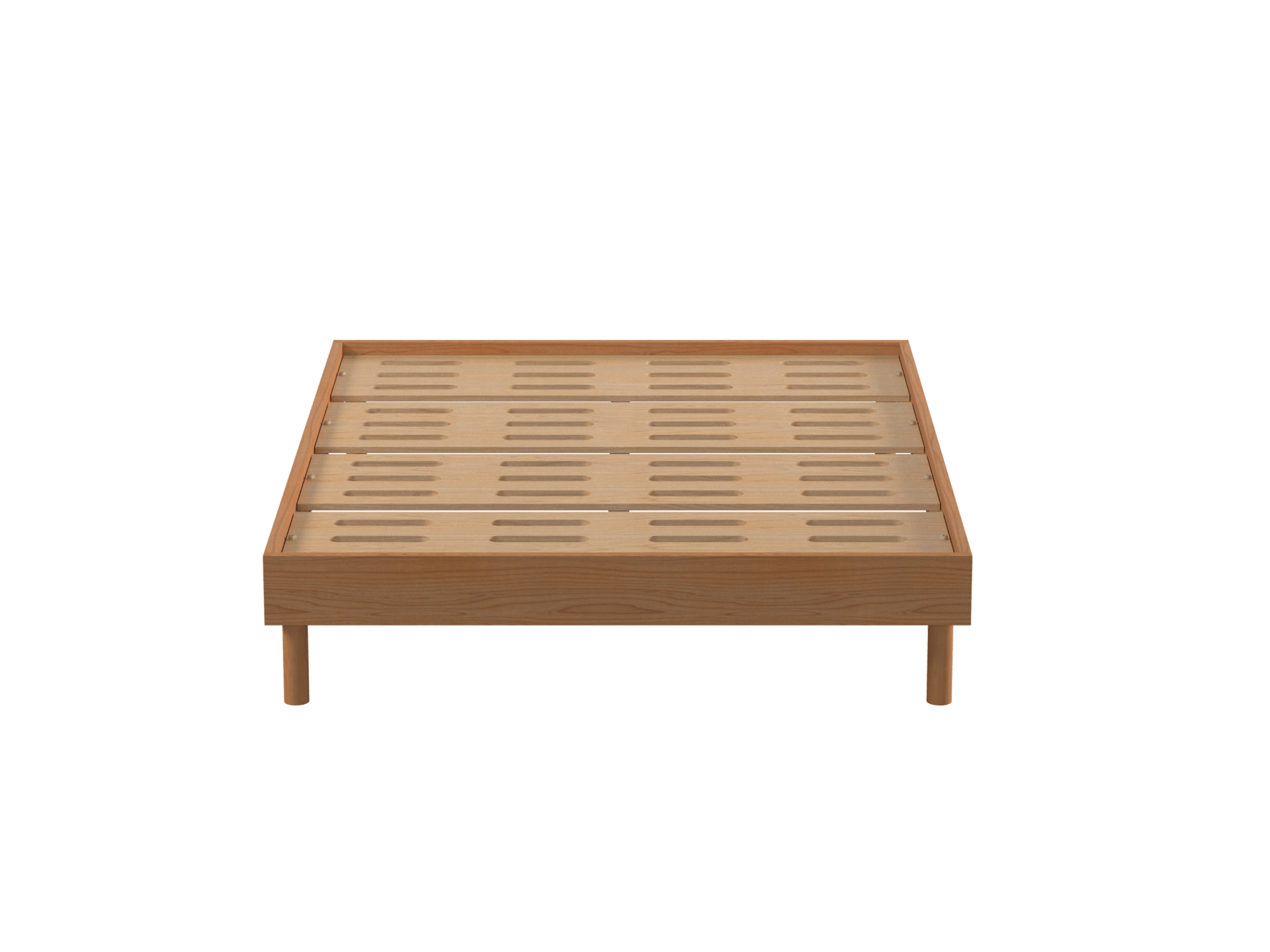 Wooden bed frame with slatted surface, featuring a minimalist design and short legs. Light brown colour. Ideal for modern bedrooms.