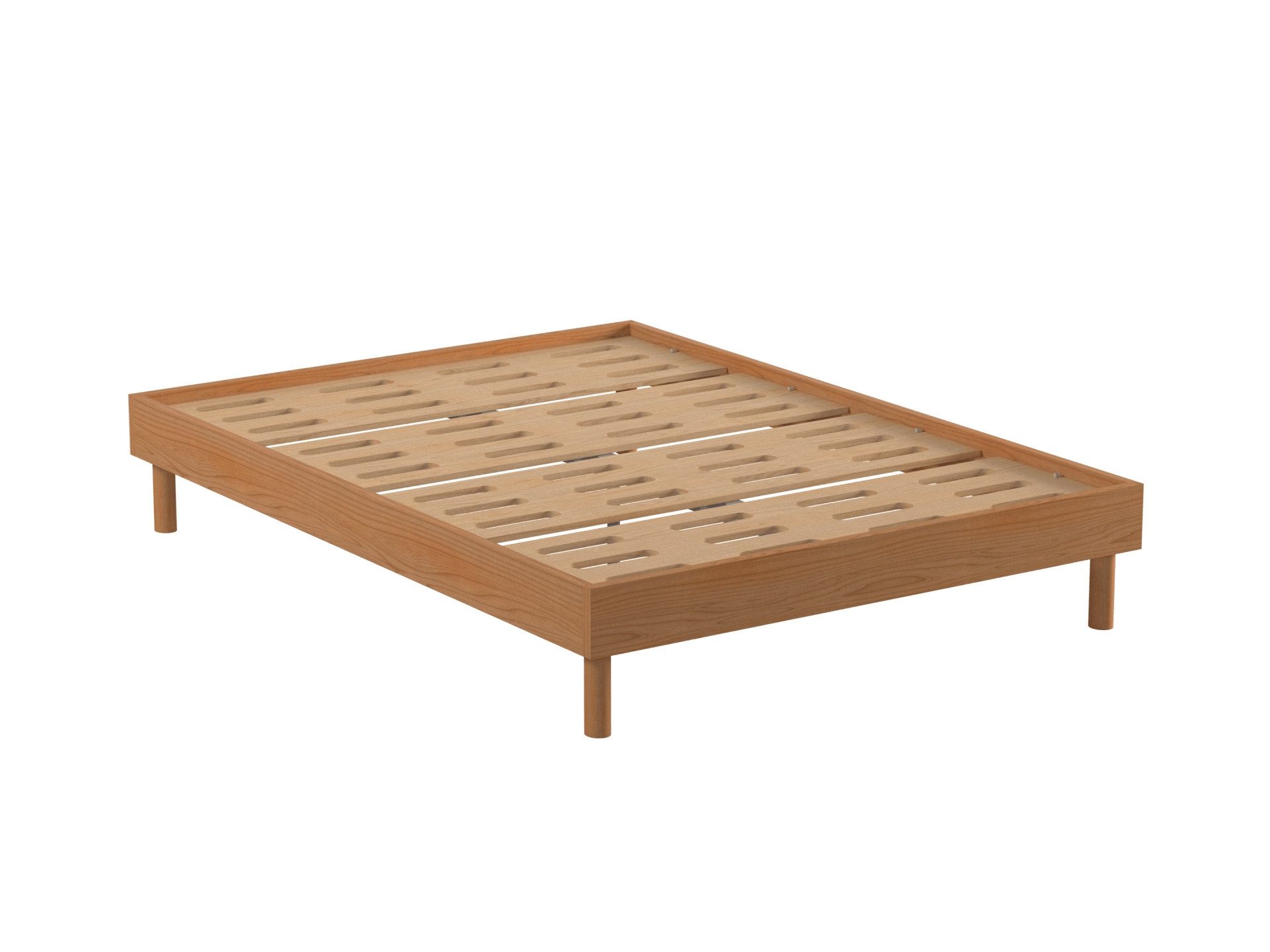 Wooden bed frame with light brown finish, slatted base, and four cylindrical legs. Minimalist design suitable for any bedroom.