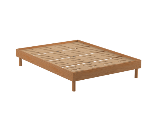 Wooden bed frame with slatted base, rectangular design, supported by four cylindrical legs. Light brown finish. Minimalist and modern style.