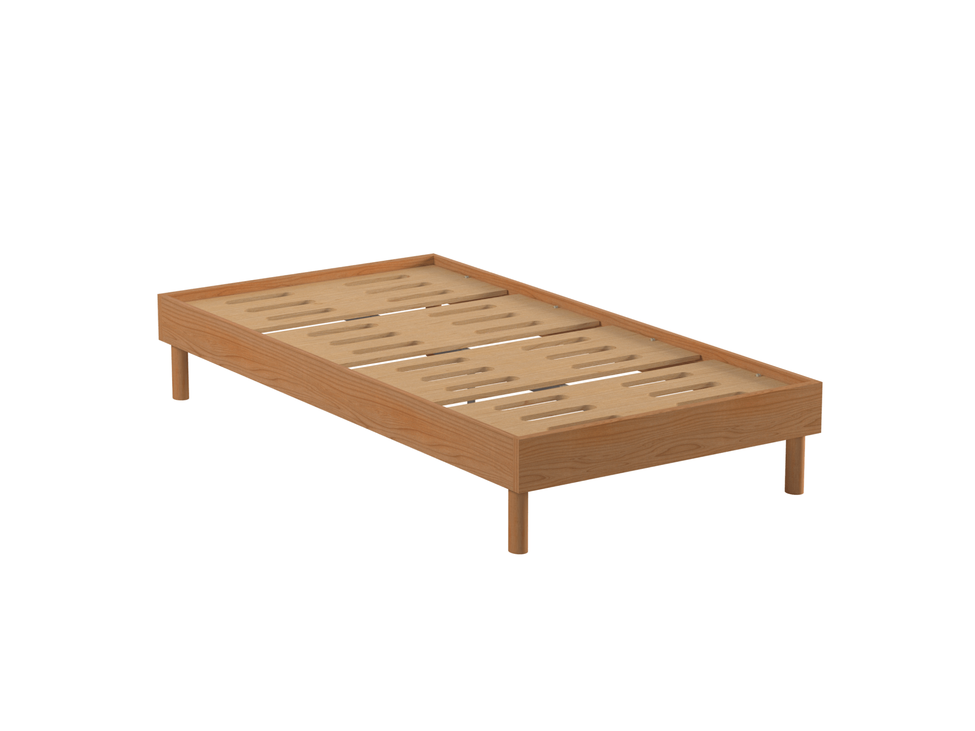 Wooden bed frame with slatted base and four round legs, in a light brown finish, suitable for a single mattress.