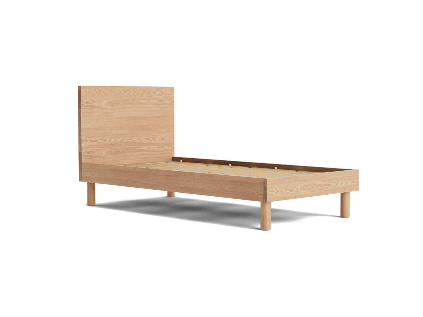 Light wood single bed frame with a high headboard and sturdy legs. Minimalist design suitable for modern bedroom interiors.