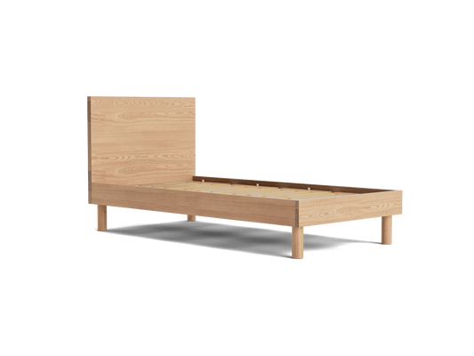 Light wood single bed frame with a high headboard and sturdy legs. Minimalist design suitable for modern bedroom interiors.