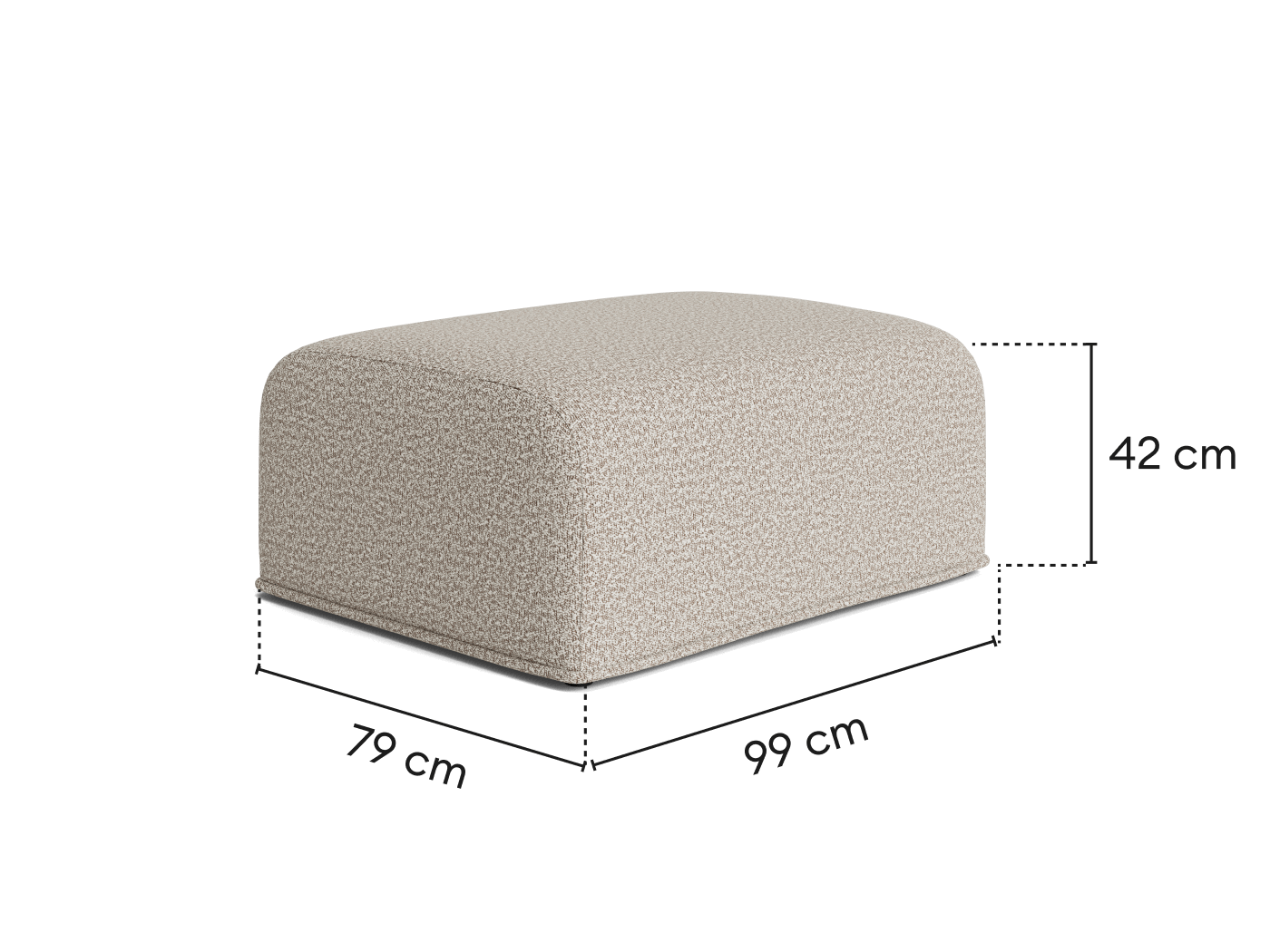 Light beige ottoman with textured fabric, measuring 79cm by 99cm by 42cm. Perfect for modern living room furniture styling.