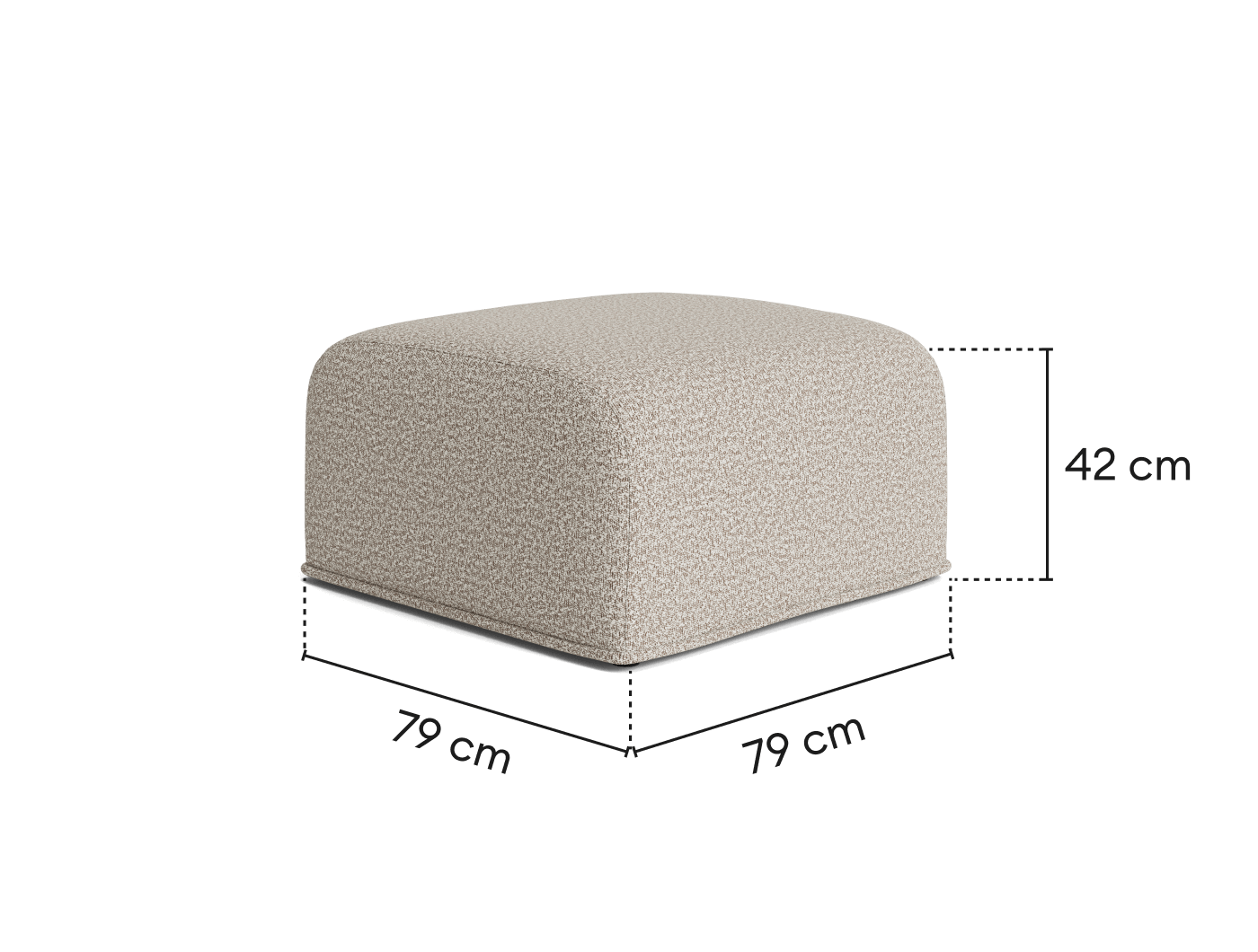 Beige fabric ottoman with rounded top and black base, measuring 79 cm by 79 cm and 42 cm high.