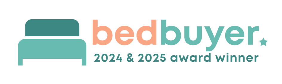 Bedbuyer logo with a teal bed icon and peach text reading "2024 & 2025 award winner" on white background.