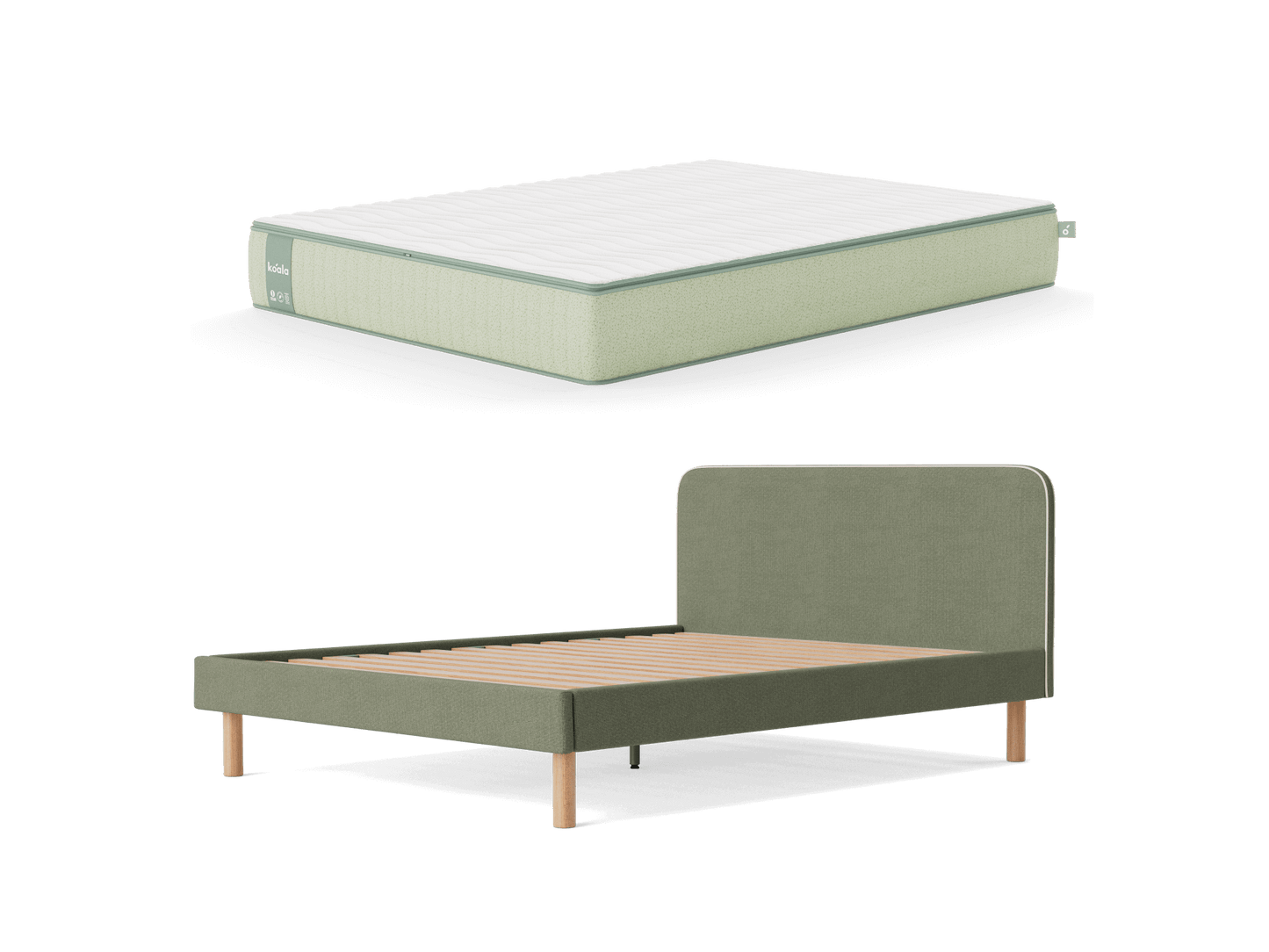 Mattress with light green sides above matching green bed frame with light wood legs and slatted base.