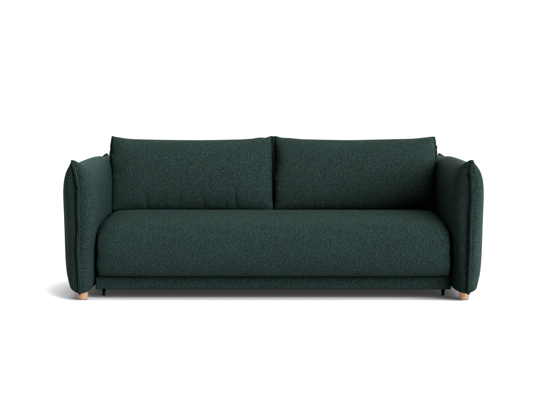 Dark green fabric sofa with two cushions and wooden legs. Simple, modern design. Perfect for living room seating.