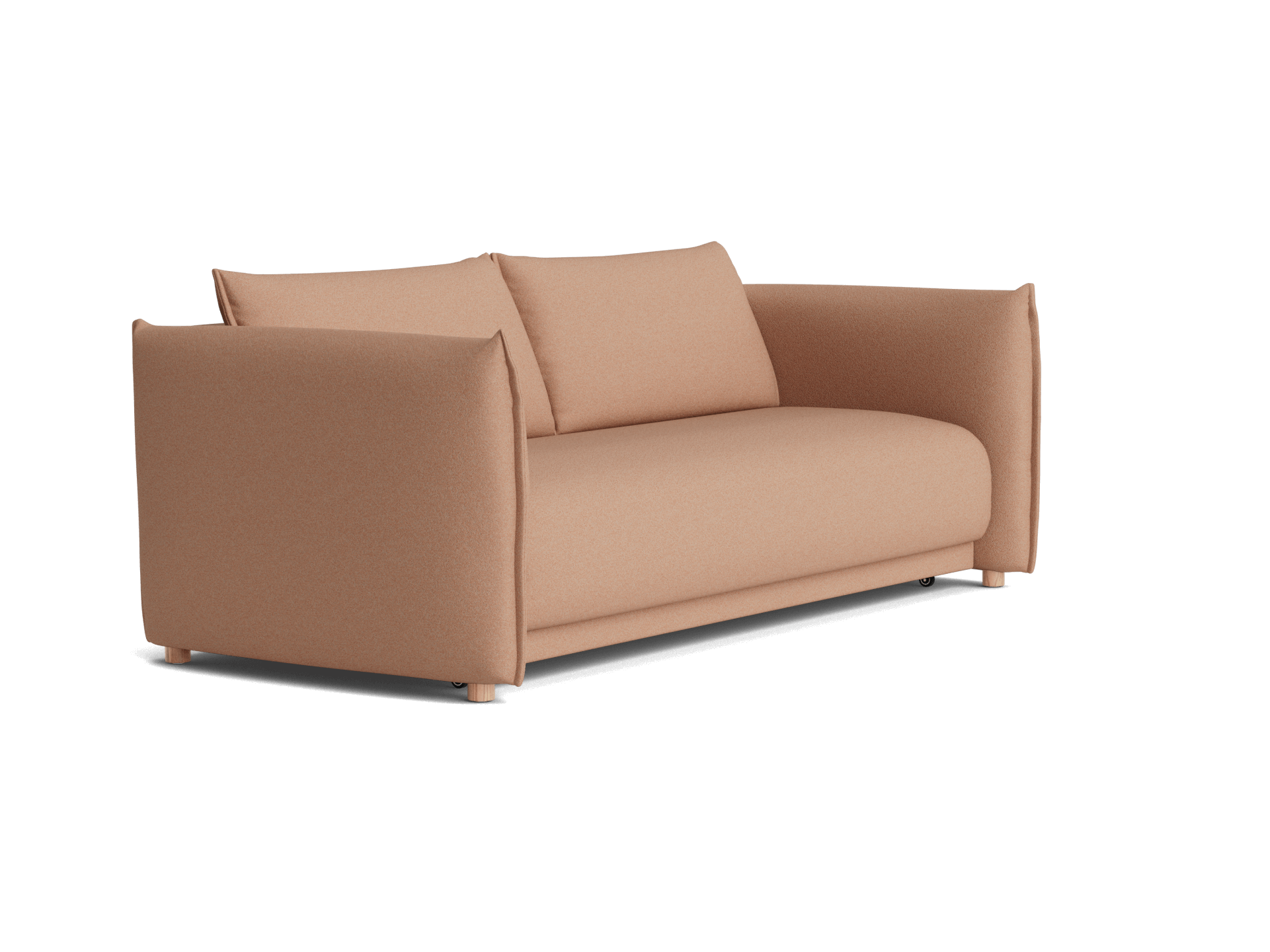 Tan-coloured fabric sofa with two cushions and a minimalist design. The couch has wide armrests and short legs. Elegant and modern furniture.