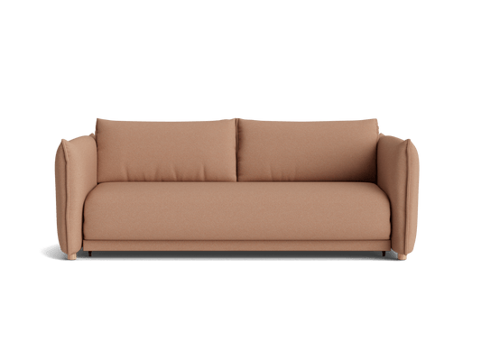 Tan three-seater sofa with plush seat and back cushions, featuring rounded armrests. Elegant and simple design.