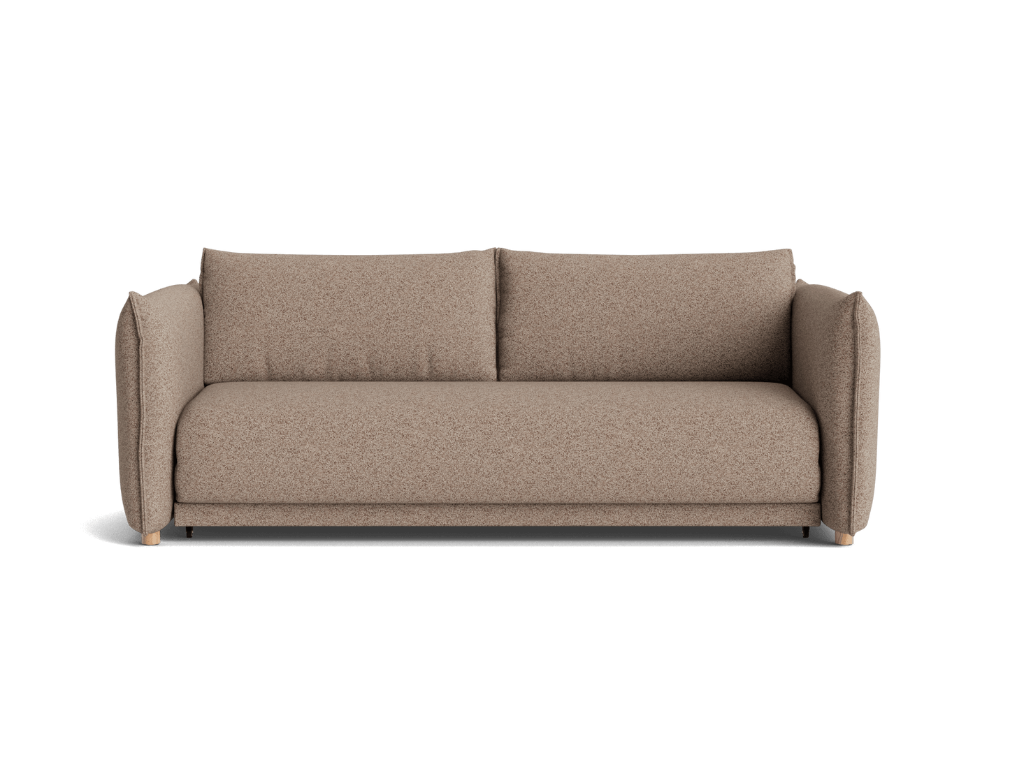 Brown fabric sofa with two large cushions, rounded armrests, and wooden legs. Simple and modern design for living room decor.