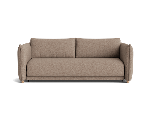 Brown fabric sofa with two large cushions, rounded armrests, and wooden legs. Simple and modern design for living room decor.