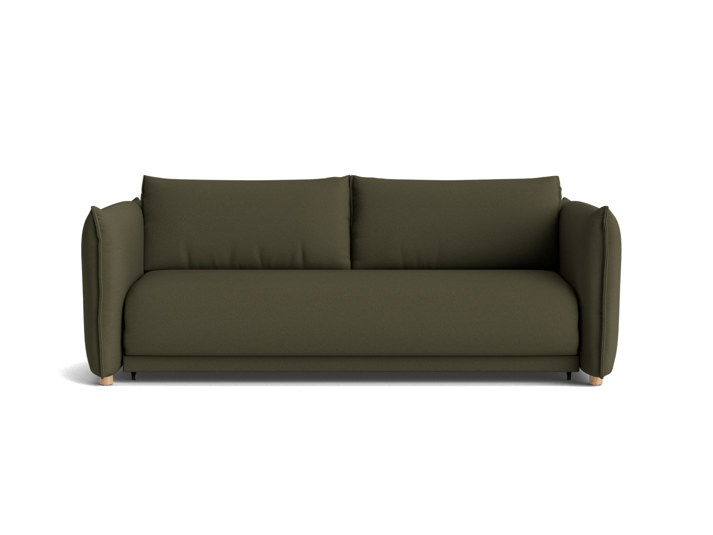 Olive green three-seater sofa with plush cushions and rounded arms. Simple, elegant design with light wooden feet. Perfect for a modern living room.