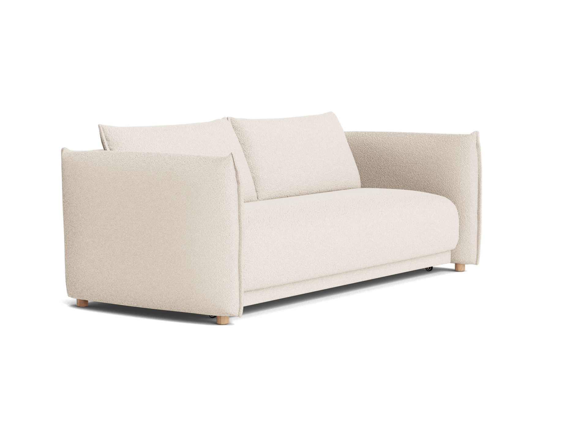 Beige three-seater sofa with plush cushions and short wooden legs, featuring a minimalist, modern design.