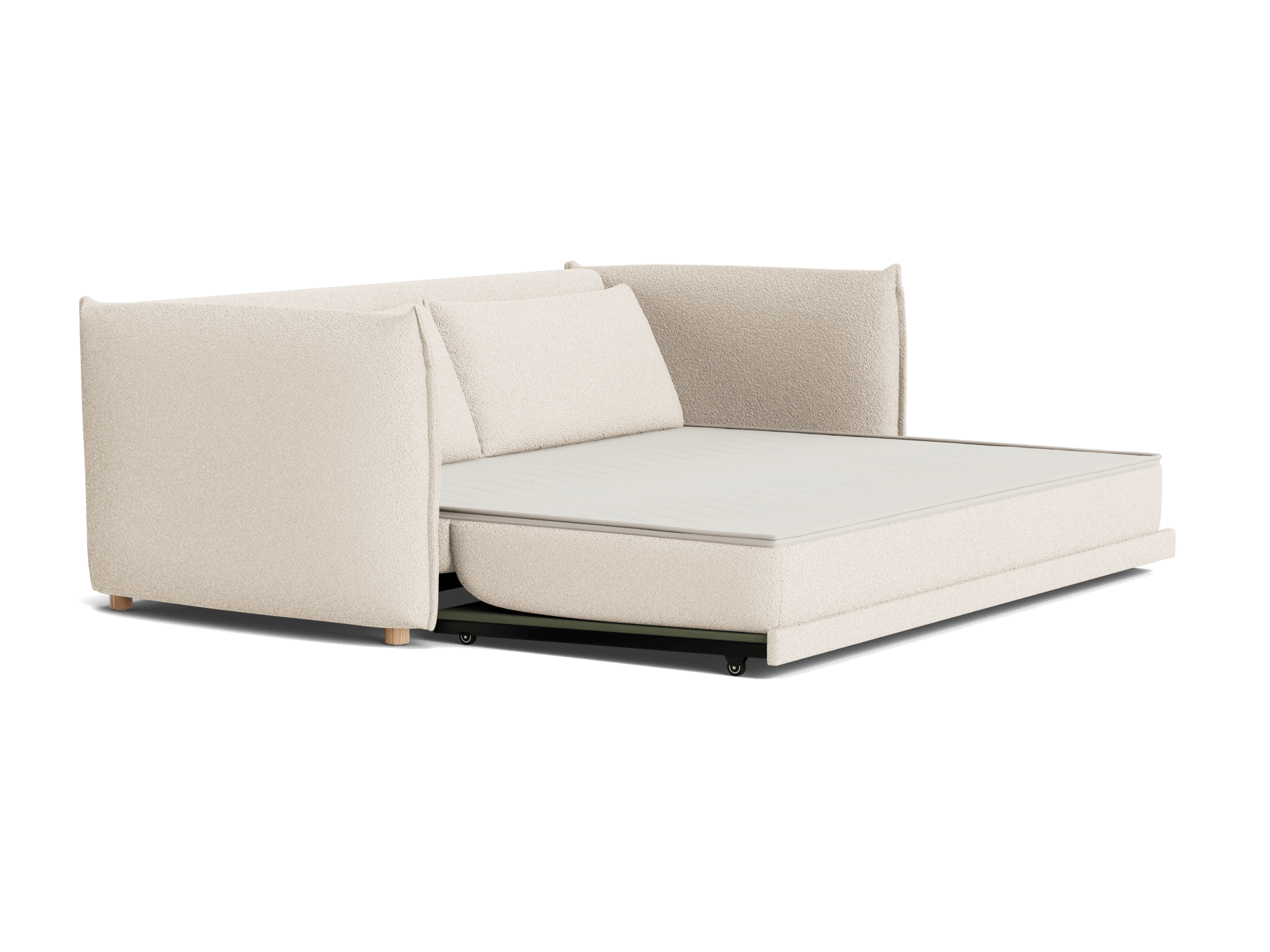 Beige pull-out sofa bed with plush cushions, straight armrests, and a sturdy base, stylish and functional for modern living rooms.