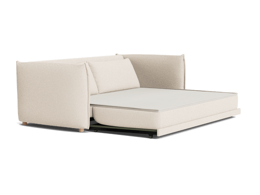 Beige pull-out sofa bed with plush cushions, straight armrests, and a sturdy base, stylish and functional for modern living rooms.