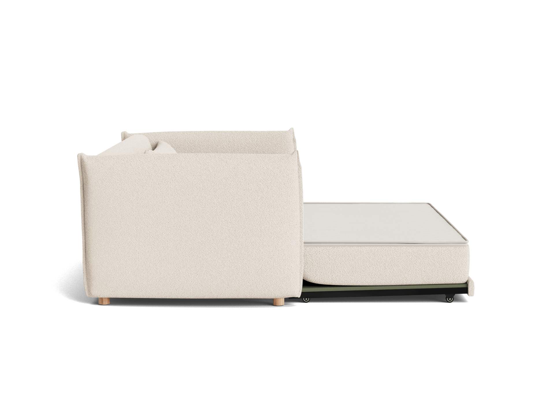 Sofa bed with light beige fabric, shown from the side. The bed is extended with a visible mattress on a black frame.