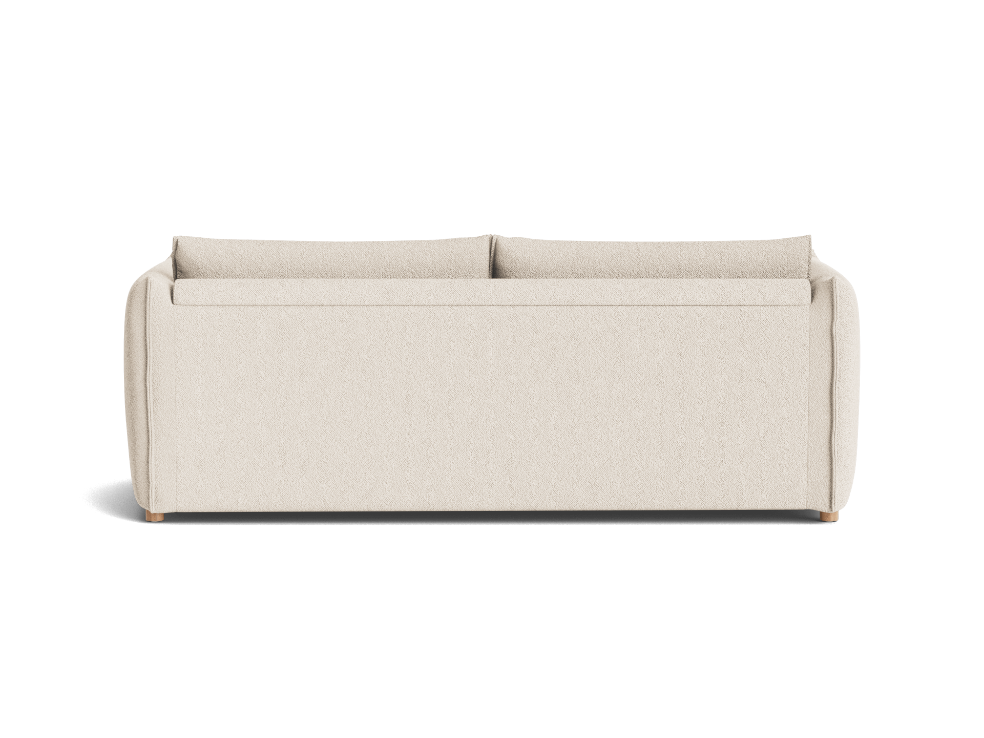 A light beige sofa viewed from the back. It has two large back cushions and rounded armrests, with a modern, minimalist design.