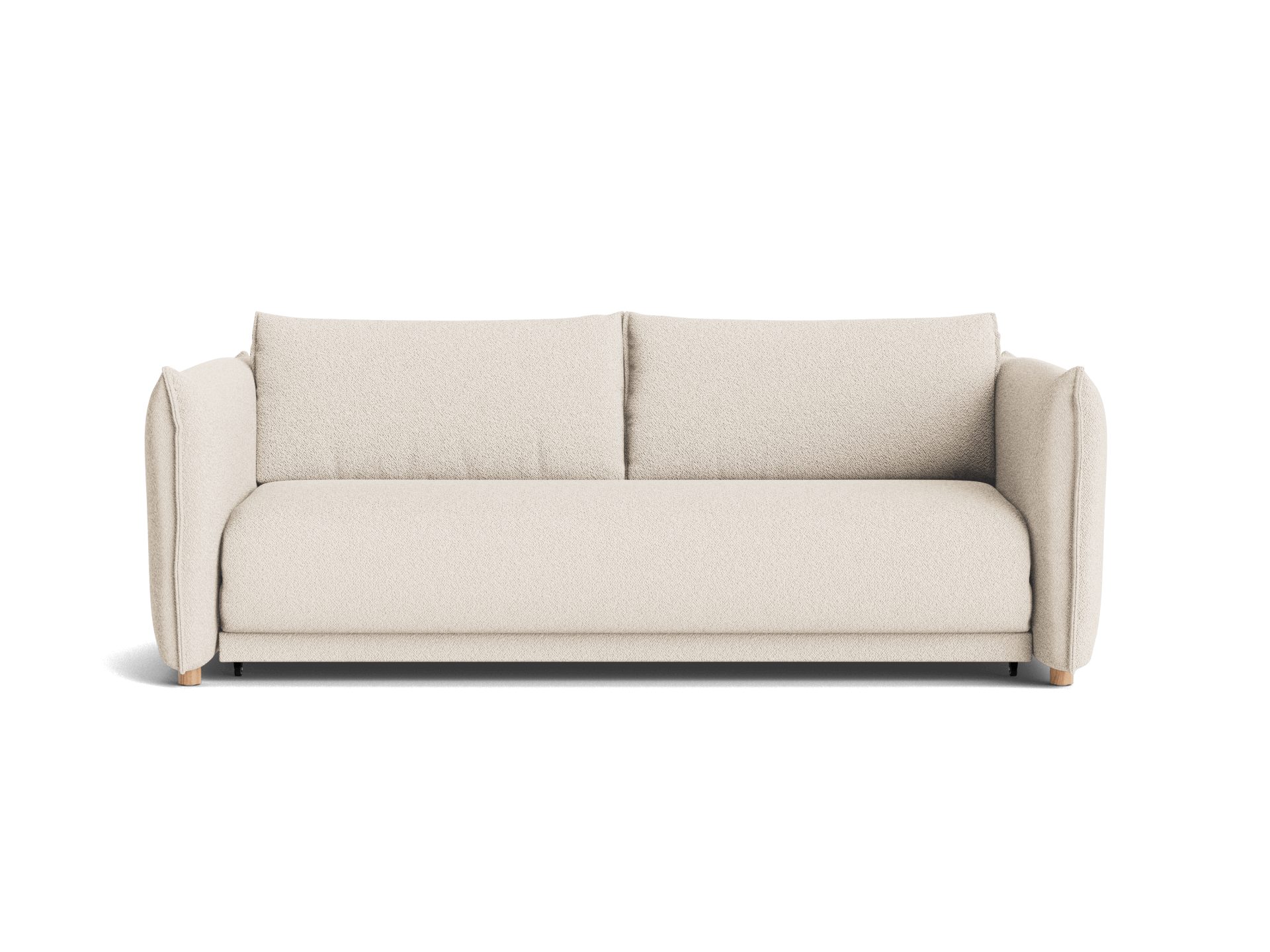 Cream-coloured modern sofa with cushioned backrest and armrests, supported by short wooden legs.