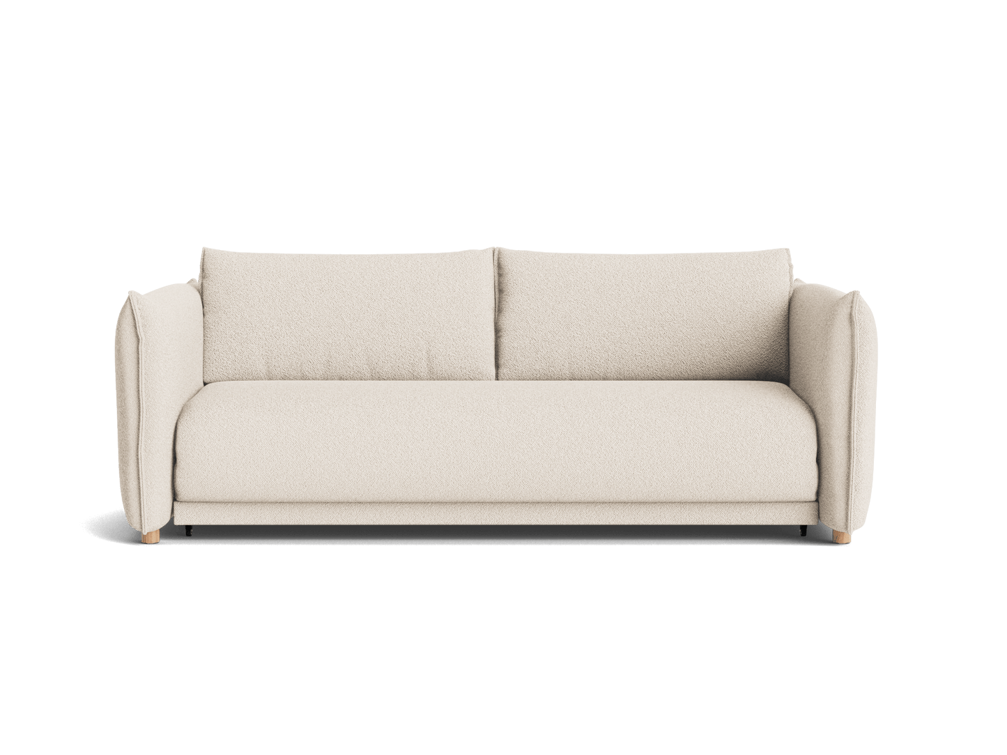 Cream-coloured sofa with plush cushions and low wooden legs, offering a modern minimalist design ideal for contemporary living spaces.