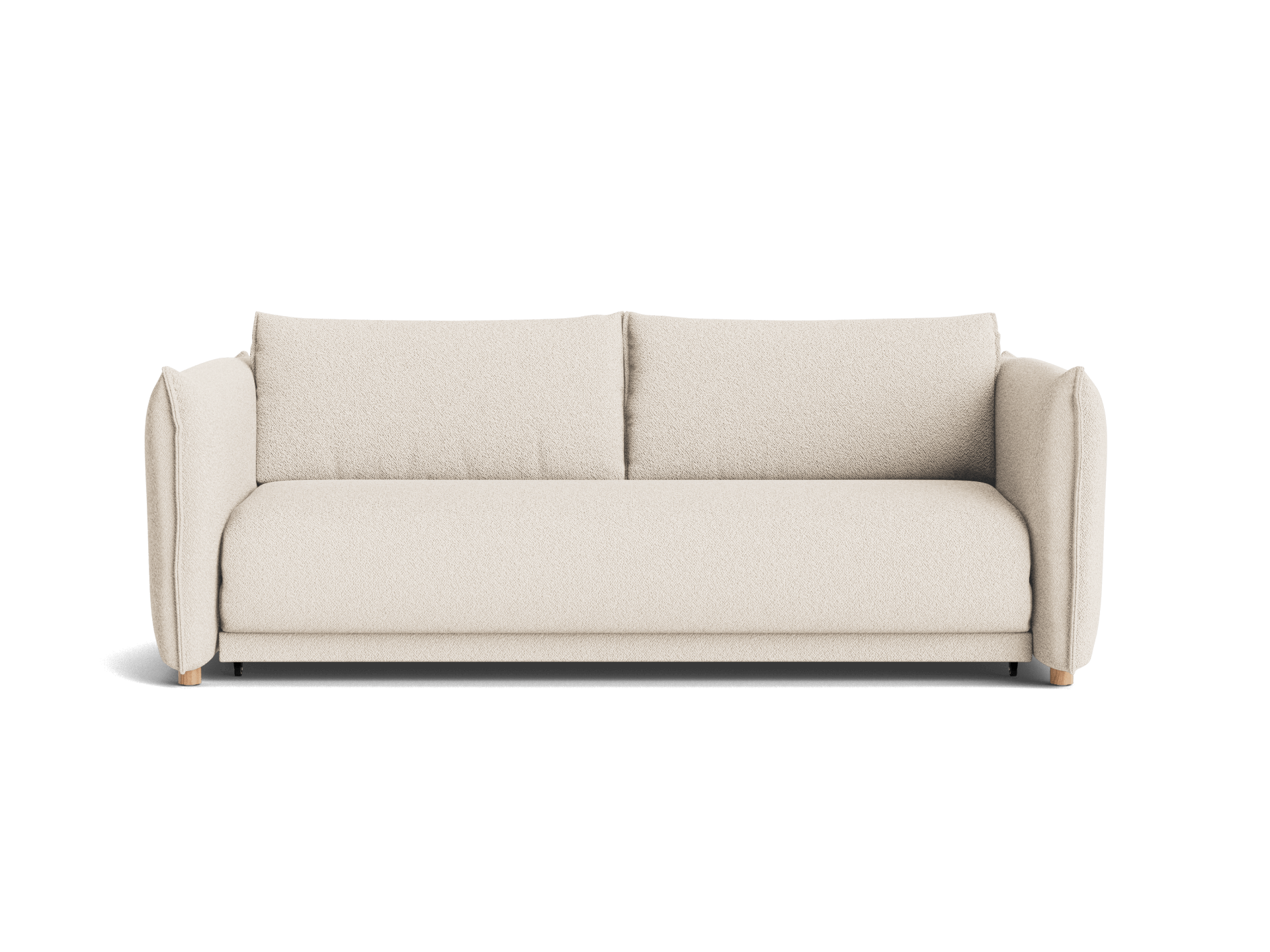 Cream-coloured sofa with plush cushions and low wooden legs, offering a modern minimalist design ideal for contemporary living spaces.