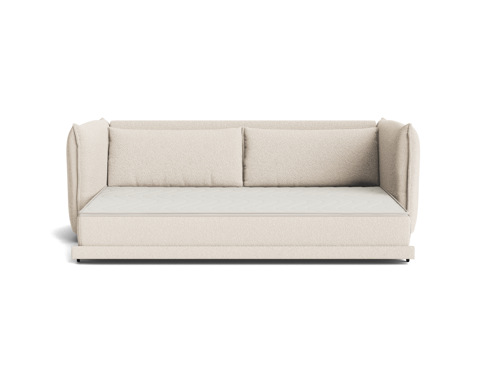 Beige fabric sofa with two back cushions, high sides, and a minimal design. Ideal for modern living spaces.