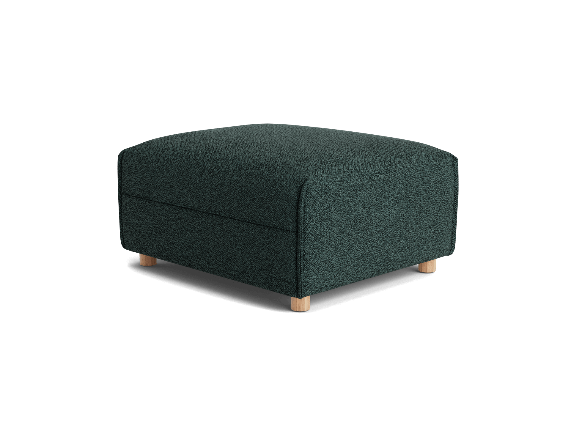 Dark green square ottoman with rounded edges and light wooden legs. Simple and modern design, perfect for living room furniture.
