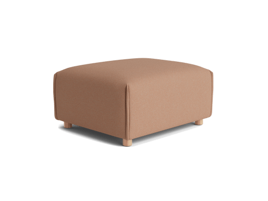 Brown ottoman with a simple, cushioned square design and light wooden legs. Perfect for adding functionality and style to living spaces.