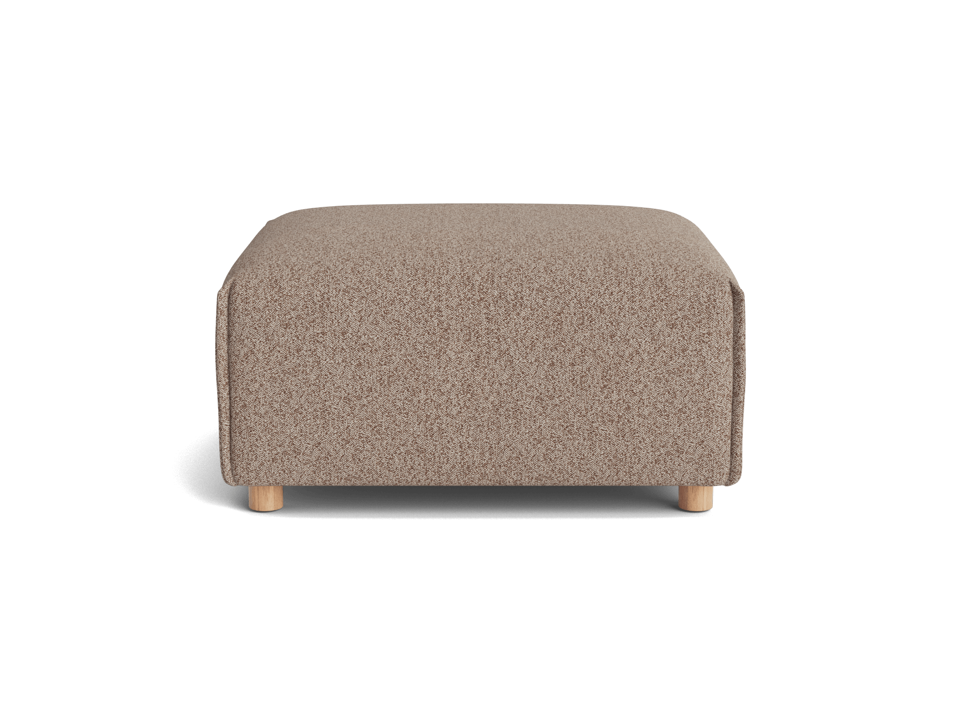 Beige square ottoman with textured fabric and light wooden legs, viewed from the front against a white background.