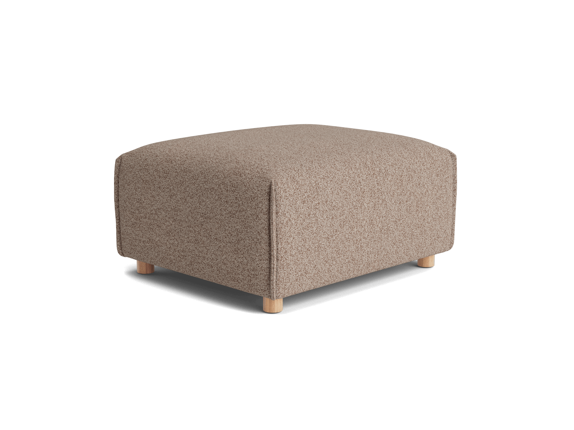 Brown fabric upholstered ottoman with a rectangular shape and short wooden legs. Ideal for living room seating or as a footrest.