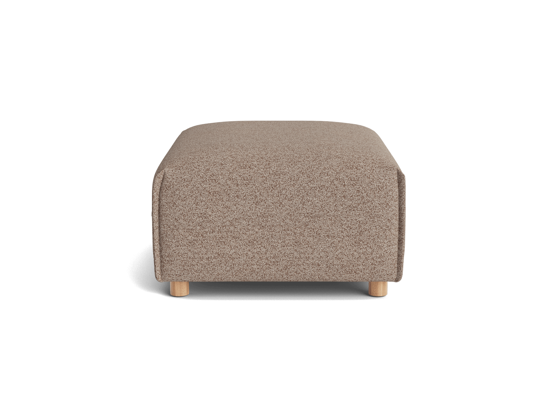 Beige fabric ottoman with wooden legs, viewed from the front on a plain background.