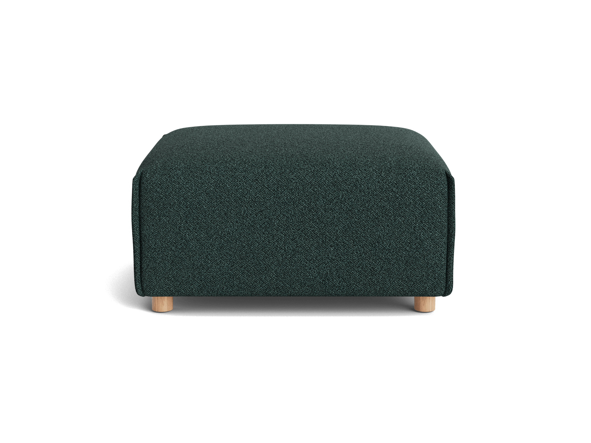Dark green fabric ottoman with a rectangular shape and light wooden legs. Ideal for living room furniture and modern decor.