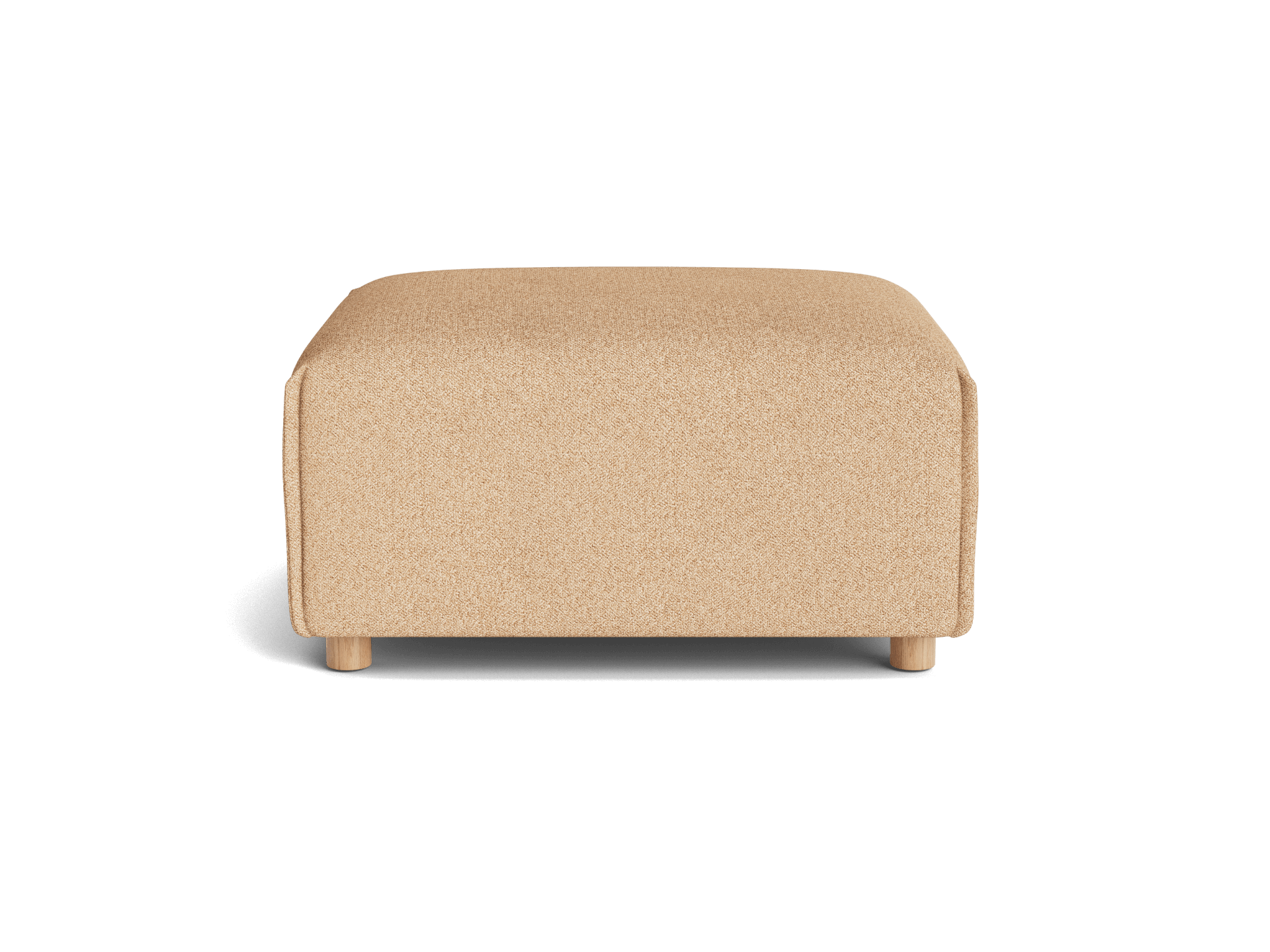 Tan rectangular ottoman with a minimalist design, short wooden legs, and smooth fabric. Suitable for modern living room decor.