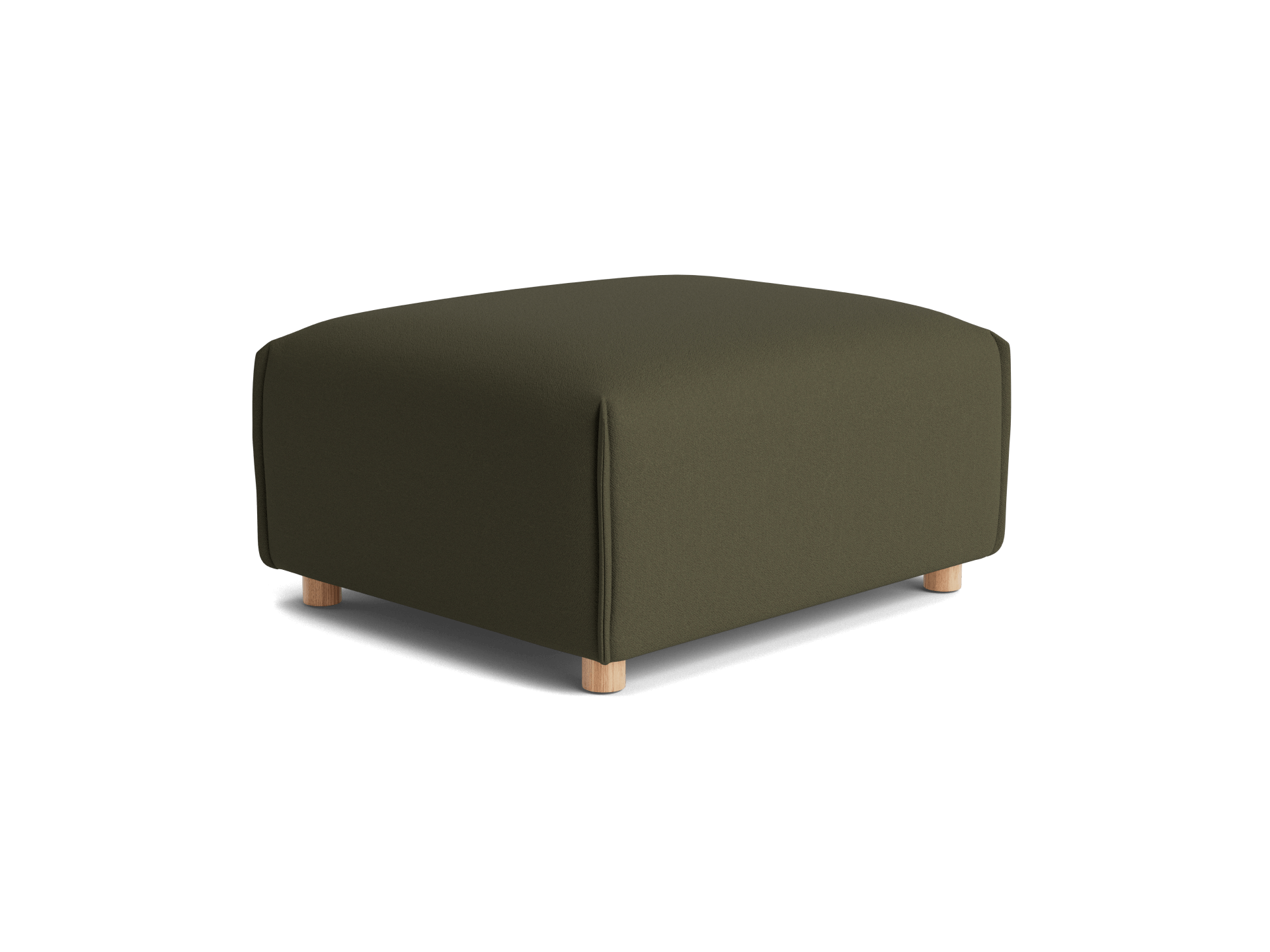 Olive green ottoman with wooden legs, featuring a simple, modern design.