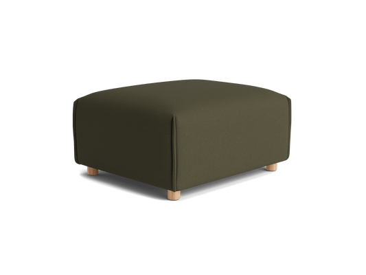 Olive green ottoman with wooden legs, featuring a simple, modern design.