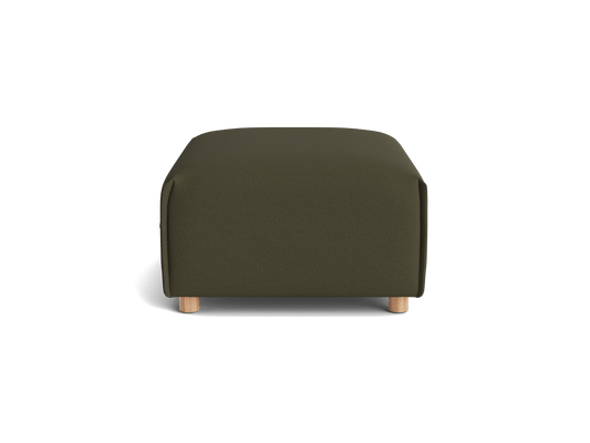 Dark green ottoman with a minimalist design, featuring wooden legs. Perfect for modern living spaces.