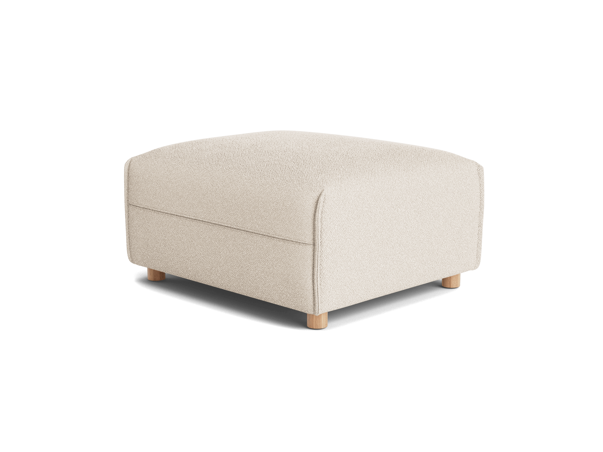 Beige ottoman with rounded edges and light wooden legs. Simple, modern design suitable for living room furniture.
