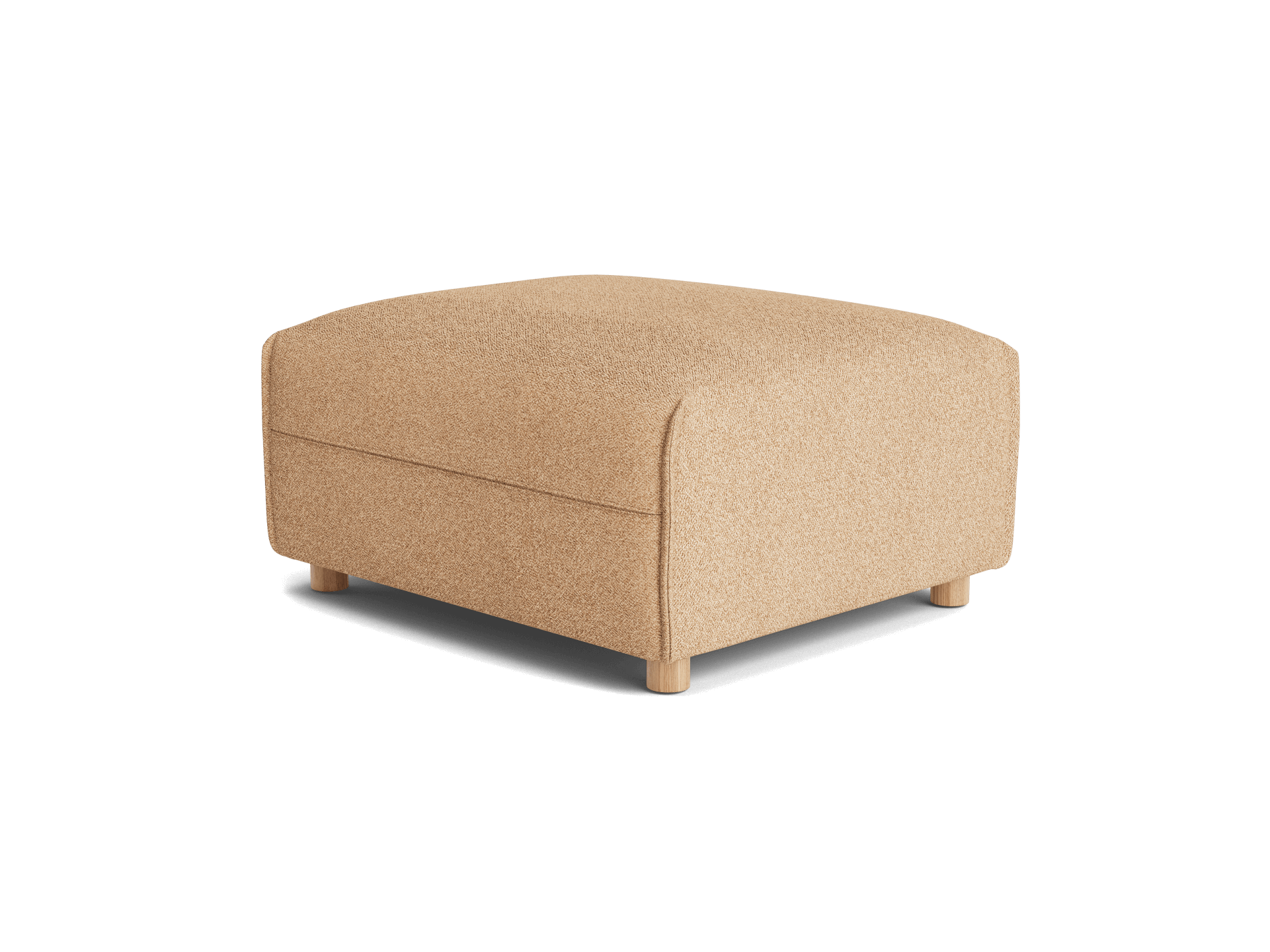 Tan fabric ottoman with rounded edges and short wooden legs, suitable for living room seating or as a footrest.