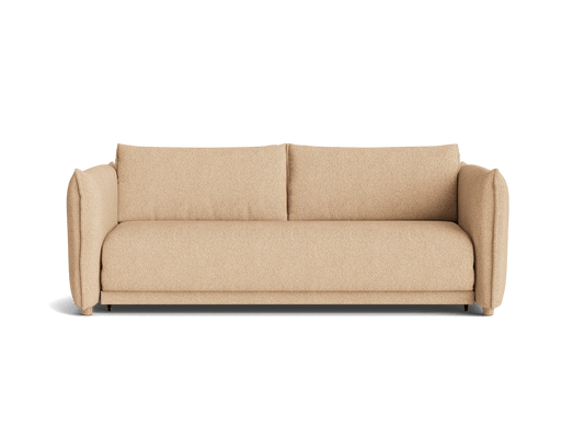 Beige three-seater sofa with plush cushions and rounded armrests on a white background.