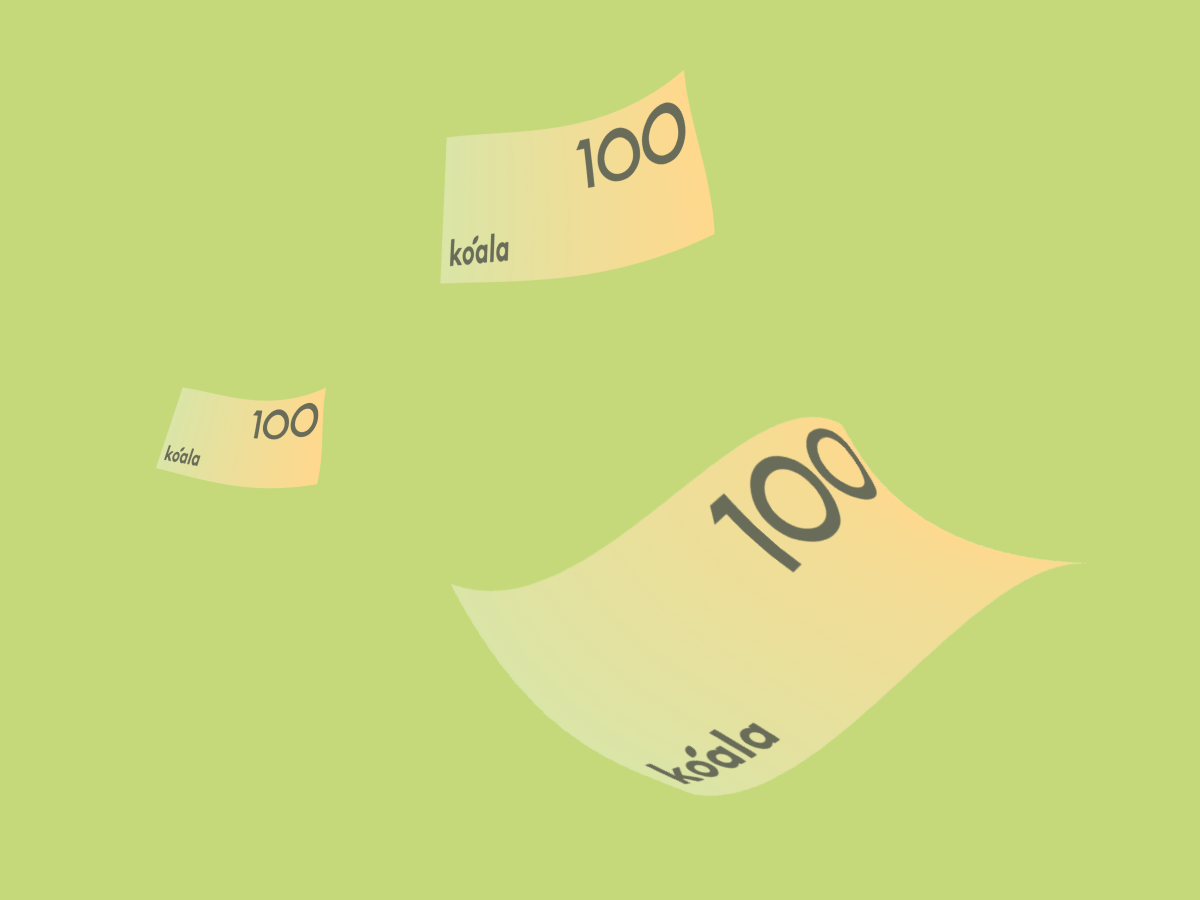 Koala-branded $100 banknotes floating on lime green background for $50k cash prize promotion
