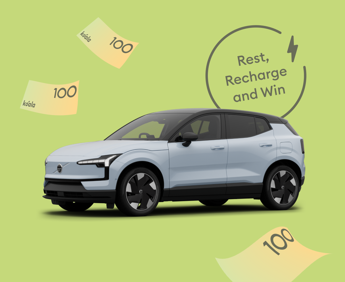 Silver Volvo EX30 side profile with Koala $100 notes and Rest, Recharge and Win text on green background